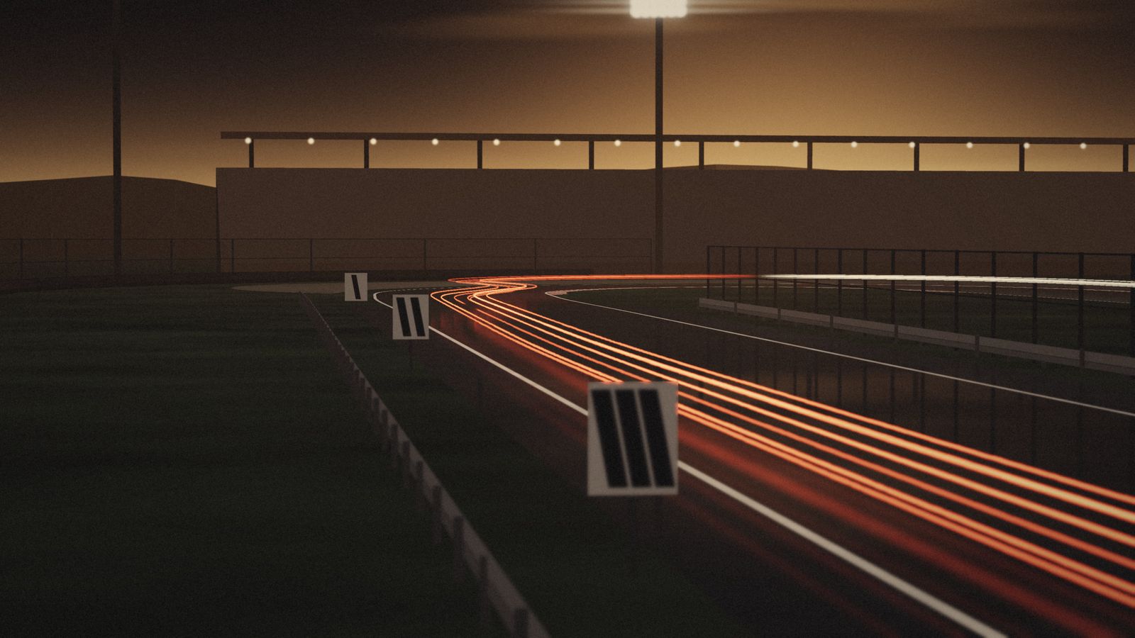 A braking zone at night: marker boards count down to a hairpin as red brake-light trails sweep into the corner.